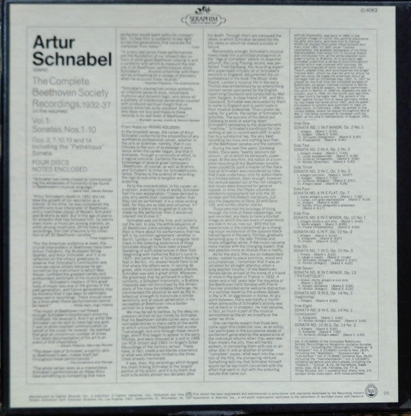 Artur Schnabel / Ludwig van Beethoven : The Complete Beethoven Society Recordings, 1932–37 / Vol. 1: Sonatas, Nos. 1-10 (4xLP, Comp, Mono, RP + Box)