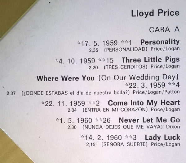 Lloyd Price : Los Grandes Mitos Del Rock And Roll (LP, Comp)