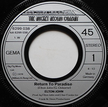 Elton John : Return To Paradise (7", Single)