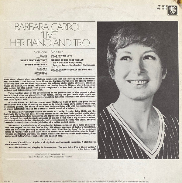 Barbara Carroll : Live!  Her Piano And Trio (LP, Album)