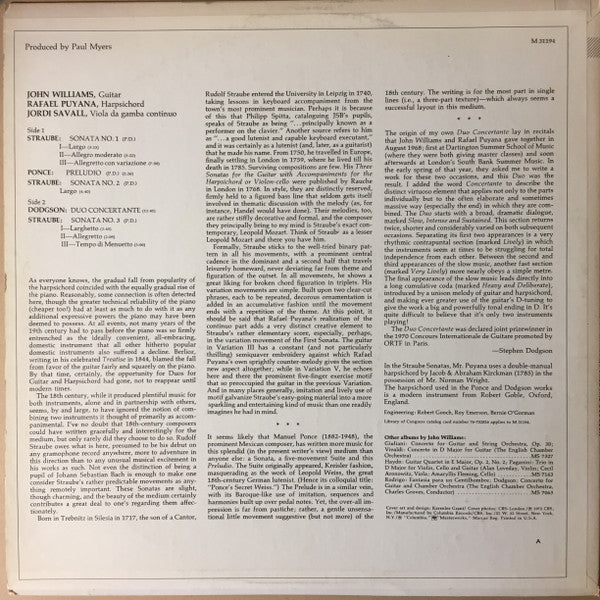 John Williams (7), Rafael Puyana : Music For Guitar And Harpsichord By Straube, Ponce, And Dodgson (LP)