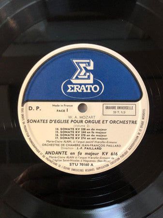 Wolfgang Amadeus Mozart / Marie-Claire Alain, Orchestre De Chambre Jean-François Paillard : L'Oeuvre Pour Orgue & Orchestre  Vol. 2 / Quatre Sonates D'Eglise - Andante KV 616, Deux Fantaisies KV 594 & 608 Pour Orgue Seul (LP, RE)