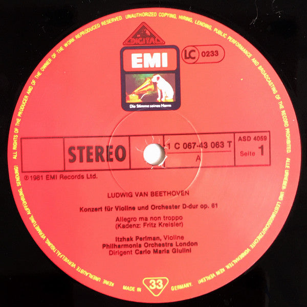 Itzhak Perlman, Carlo Maria Giulini, Philharmonia Orchestra : Beethoven: Violinkonzert (LP)