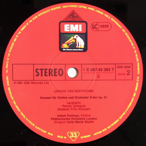 Itzhak Perlman, Carlo Maria Giulini, Philharmonia Orchestra : Beethoven: Violinkonzert (LP)