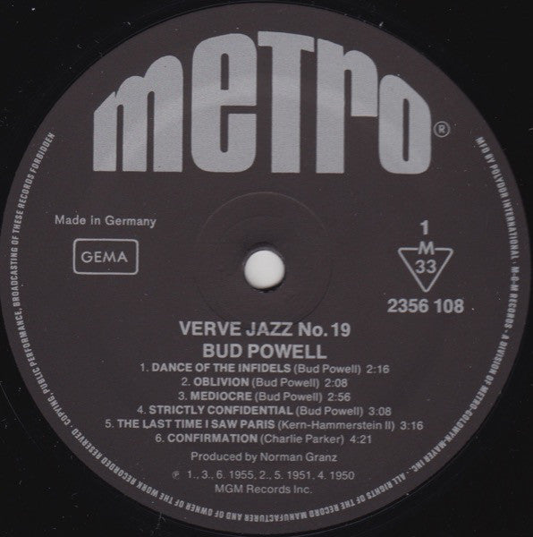 Bud Powell : Verve Jazz No. 19 (LP, Comp)