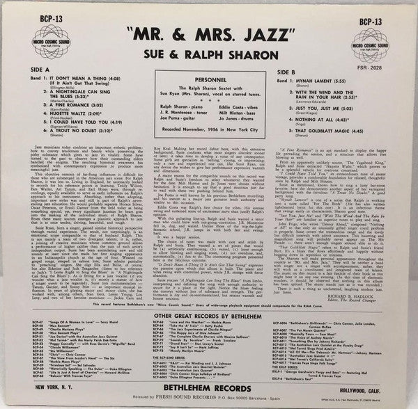 Sue And Ralph Sharon : Mr & Mrs Jazz (LP, Album, Mono, RE)