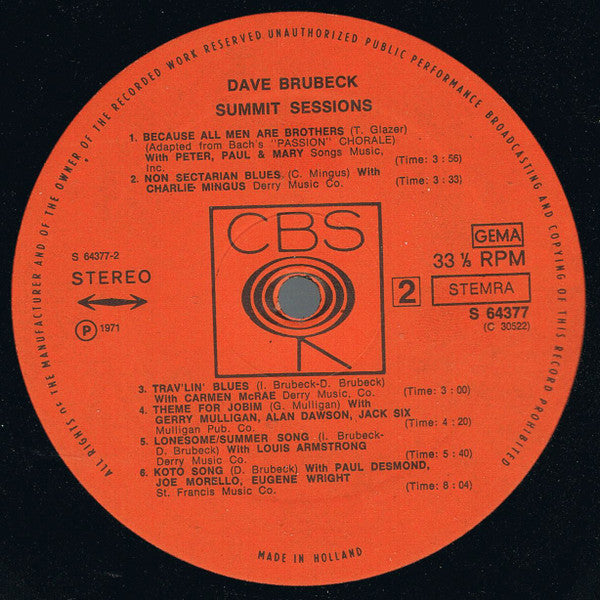 Dave Brubeck : Summit Sessions (LP)