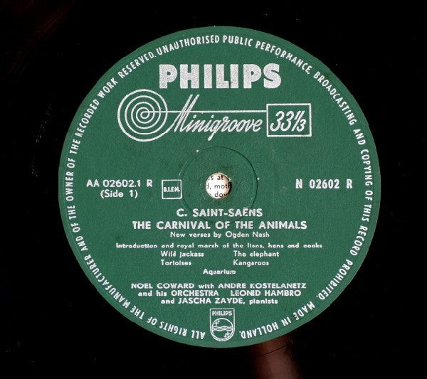 Camille Saint-Saëns, Noël Coward, Ogden Nash, Leonid Hambro, Jascha Zayde : Carnival Des Animaux (The Carnival Of The Animals) (10", Mono)