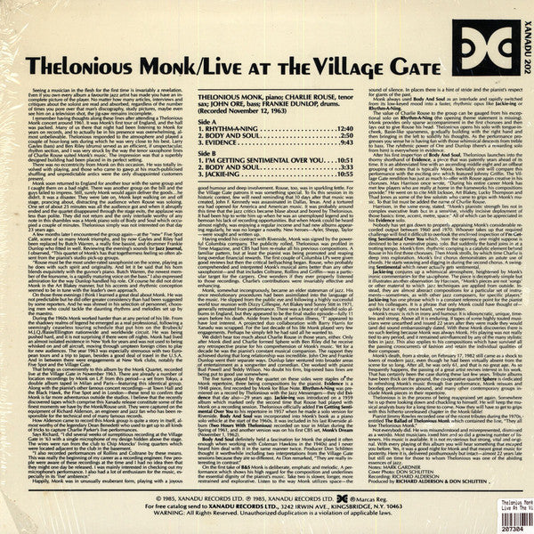 Thelonious Monk : Live! At The Village Gate (LP, Album, Mono)