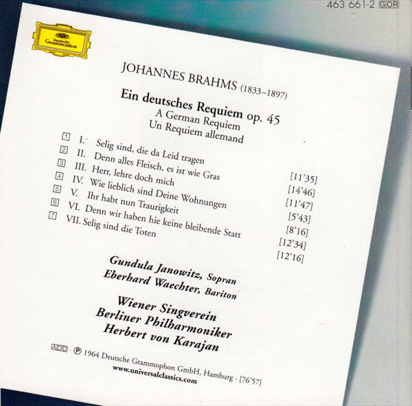 Johannes Brahms, Herbert von Karajan / Gundula Janowitz / Eberhard Wächter / Wiener Singverein - Berliner Philharmoniker : Ein Deutsches Requiem (CD, Album, RE, RM)