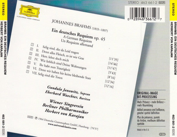 Johannes Brahms, Herbert von Karajan / Gundula Janowitz / Eberhard Wächter / Wiener Singverein - Berliner Philharmoniker : Ein Deutsches Requiem (CD, Album, RE, RM)