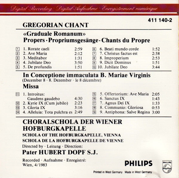Choralschola Der Wiener Hofburgkapelle, Hubert Dopf : Gregorian Chant • Gregorianischer Choral (CD, RE, PMD)