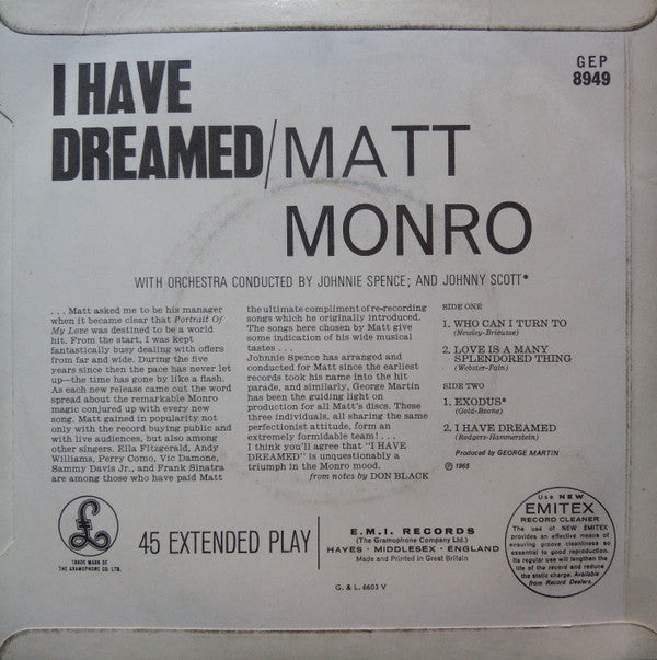 Matt Monro : I Have Dreamed (7", EP, Mono)