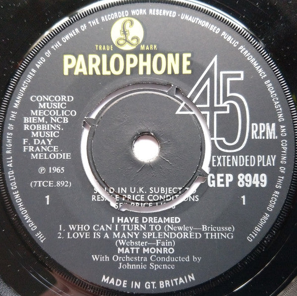 Matt Monro : I Have Dreamed (7", EP, Mono)