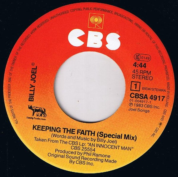 Billy Joel : Keeping The Faith (7", Single)