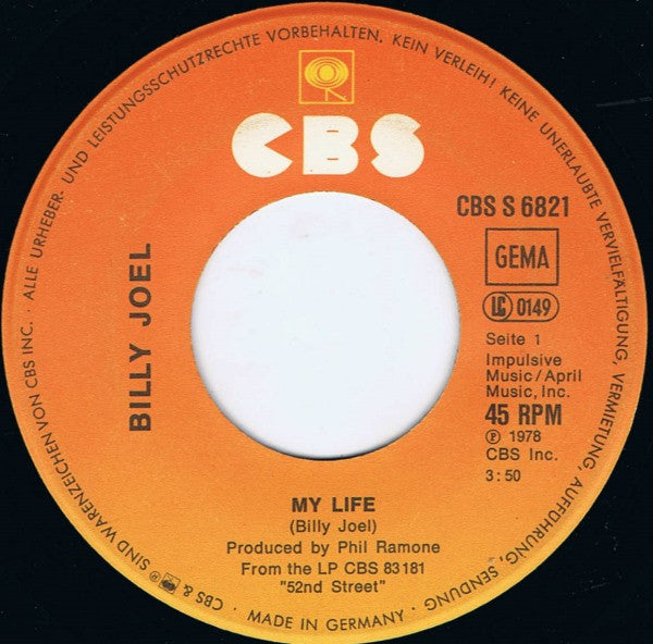 Billy Joel : My Life (7", Single)