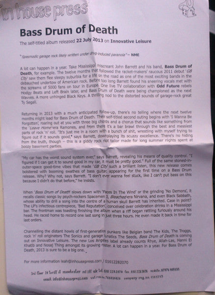 Bass Drum Of Death : Bass Drum Of Death (CD, Album, Promo, Car)