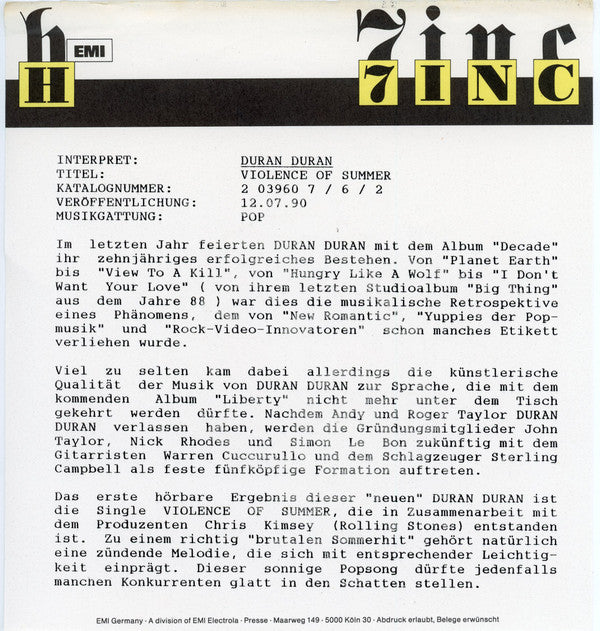 Duran Duran : Violence Of Summer (Love's Taking Over) (7", Single)