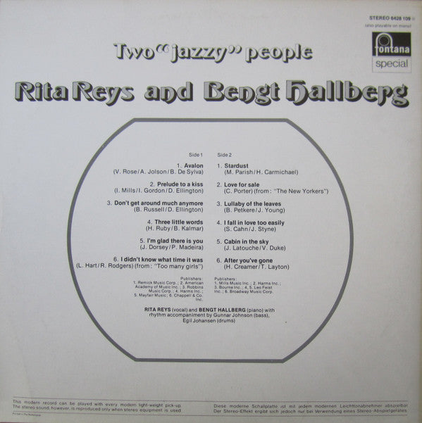Rita Reys And Bengt Hallberg : Two "Jazzy" People (LP, Album, RE)