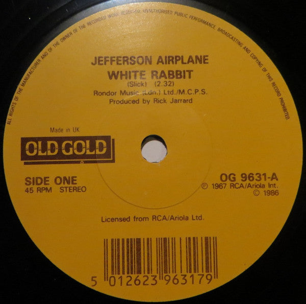 Jefferson Airplane : White Rabbit / Somebody To Love (7", Single, RE)
