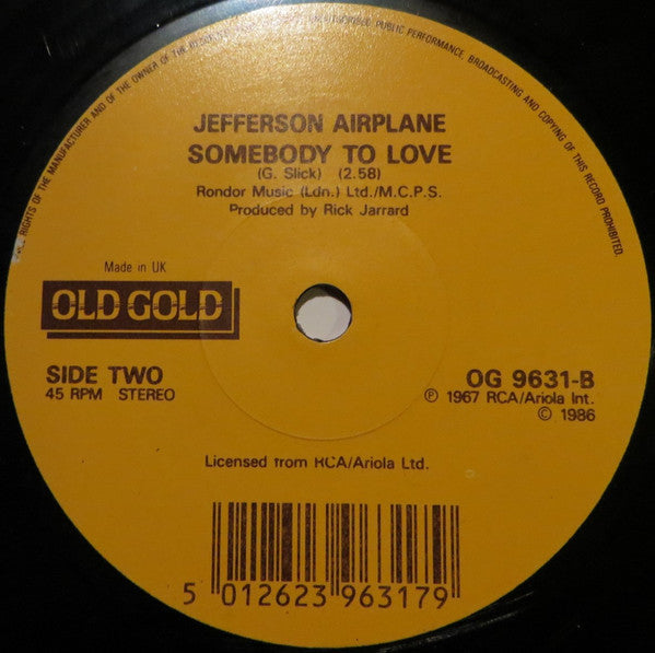 Jefferson Airplane : White Rabbit / Somebody To Love (7", Single, RE)