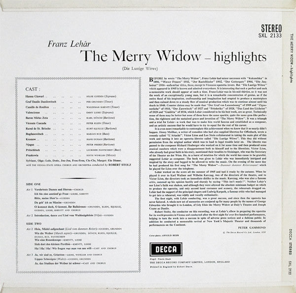 Franz Lehár, Hilde Güden ∙ Per Grundén ∙ Emmy Loose ∙ Waldemar Kmentt ∙ Peter Klein (2) ∙ Karl Dönch, Robert Stolz : The Merry Widow - Highlights (LP)