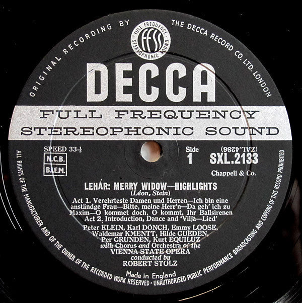 Franz Lehár, Hilde Güden ∙ Per Grundén ∙ Emmy Loose ∙ Waldemar Kmentt ∙ Peter Klein (2) ∙ Karl Dönch, Robert Stolz : The Merry Widow - Highlights (LP)