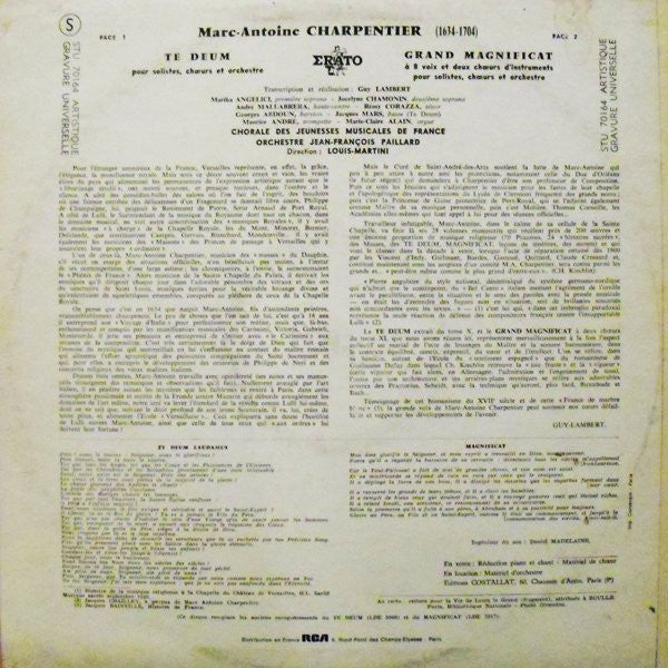 Marc Antoine Charpentier - Chorale des Jeunesses Musicales de France - Orchestre De Chambre Jean-François Paillard Direction Louis Martini : Te Deum - Magnificat (LP, Album, RE)