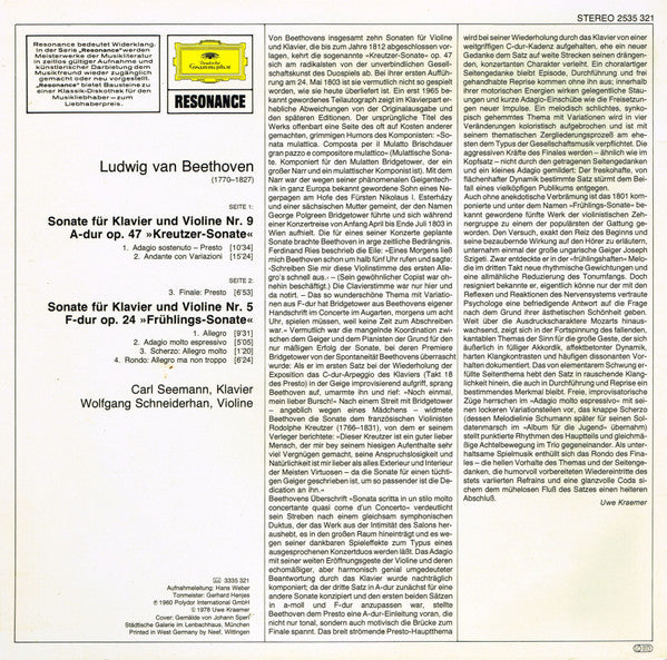 Ludwig Van Beethoven, Wolfgang Schneiderhan, Carl Seemann : Violinsonaten Nr. 9 A-dur »Kreutzer« • Nr. 5 F-dur »Frühling« (LP)