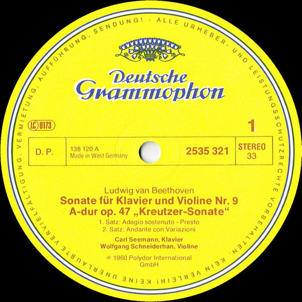 Ludwig Van Beethoven, Wolfgang Schneiderhan, Carl Seemann : Violinsonaten Nr. 9 A-dur »Kreutzer« • Nr. 5 F-dur »Frühling« (LP)
