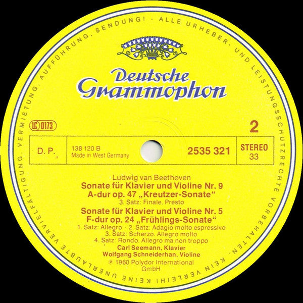 Ludwig Van Beethoven, Wolfgang Schneiderhan, Carl Seemann : Violinsonaten Nr. 9 A-dur »Kreutzer« • Nr. 5 F-dur »Frühling« (LP)