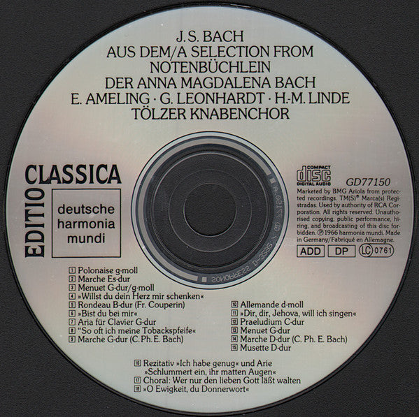 Johann Sebastian Bach, Elly Ameling, Gustav Leonhardt, Hans-Martin Linde : Aus Dem / A Selection From Notenbüchlein Für Anna Magdalena Bach (CD, RE)
