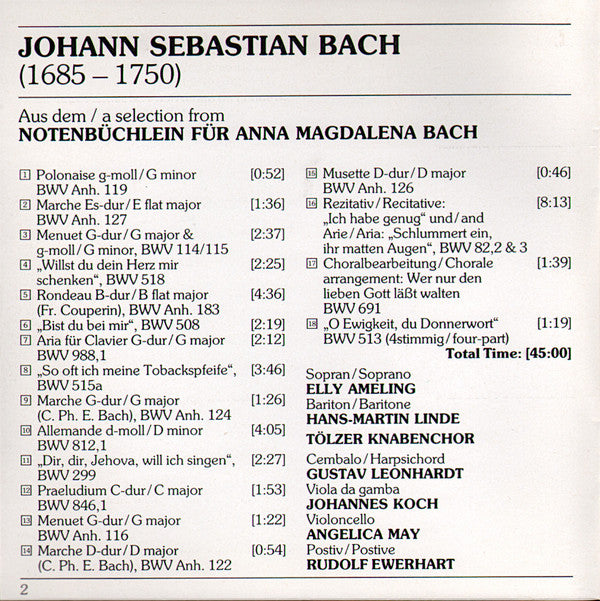 Johann Sebastian Bach, Elly Ameling, Gustav Leonhardt, Hans-Martin Linde : Aus Dem / A Selection From Notenbüchlein Für Anna Magdalena Bach (CD, RE)