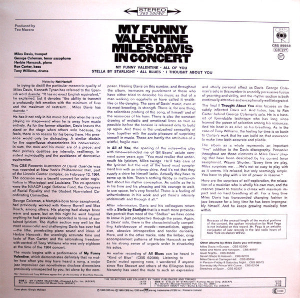 Miles Davis : My Funny Valentine - Miles Davis In Concert (LP, Album, RE)