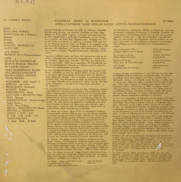 Giovanni Pierluigi da Palestrina - Schola Cantorum St. Foillan Aachen Ltg. Willi Eschweiler : Missa Sine Nomine / Motette / Ave Maria / Quattuor Antiphonae (LP)