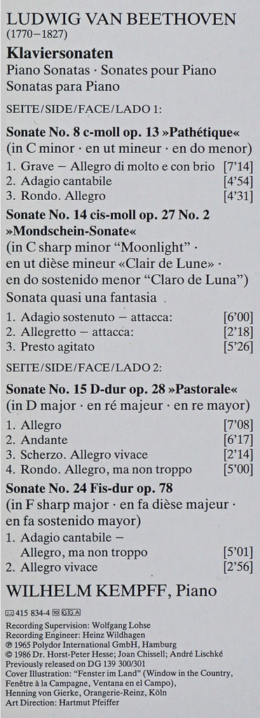 Ludwig van Beethoven • Wilhelm Kempff : Piano Sonatas (No. 8 "Pathétique" / No. 14 "Moonlight" / No. 15 "Pastoral" / No. 24) (LP, Comp, RE, RM)