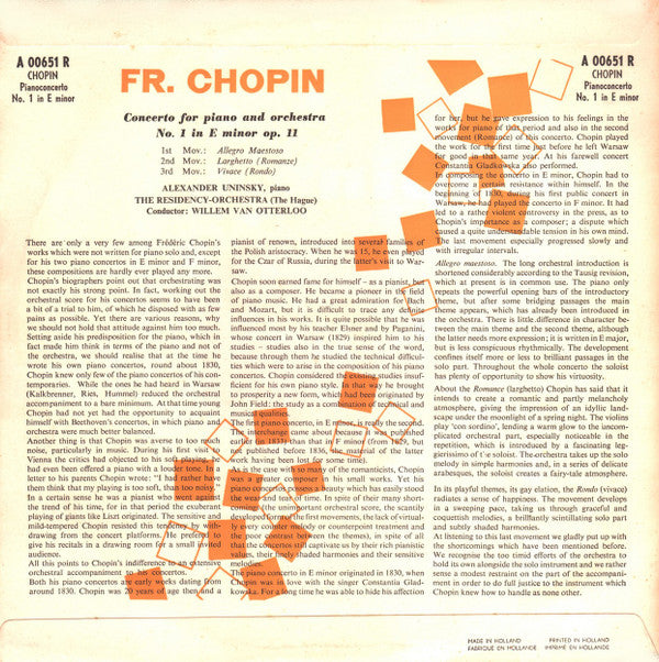 Frédéric Chopin By Alexander Uninsky, Residentie Orkest, Willem van Otterloo : Concerto For Piano And Orchestra No. 1 (10")