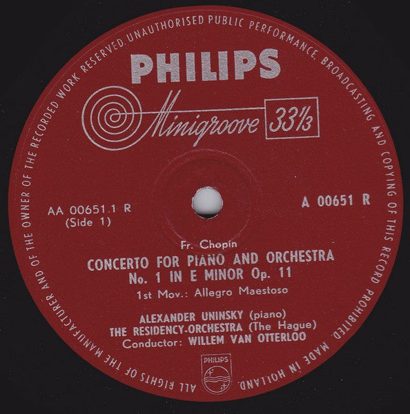 Frédéric Chopin By Alexander Uninsky, Residentie Orkest, Willem van Otterloo : Concerto For Piano And Orchestra No. 1 (10")