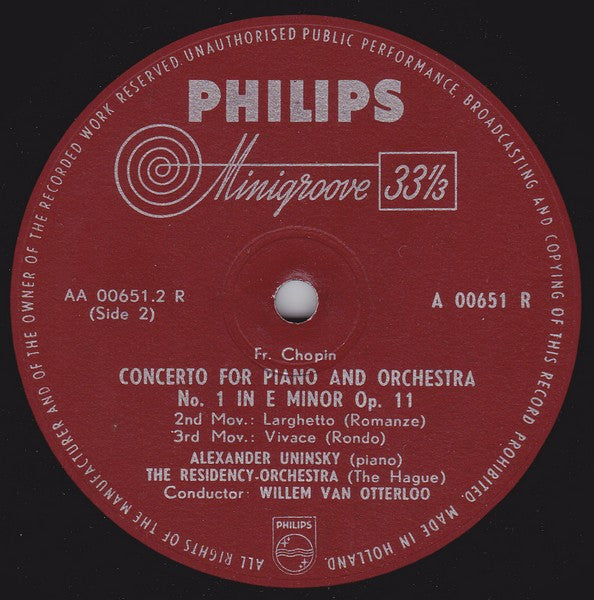 Frédéric Chopin By Alexander Uninsky, Residentie Orkest, Willem van Otterloo : Concerto For Piano And Orchestra No. 1 (10")
