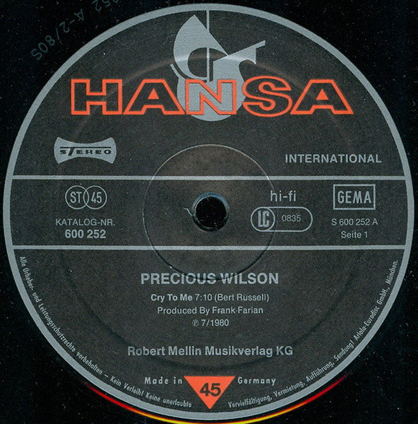 Precious Wilson : Cr-Cr-Cr-Cry To Me (12", Single)