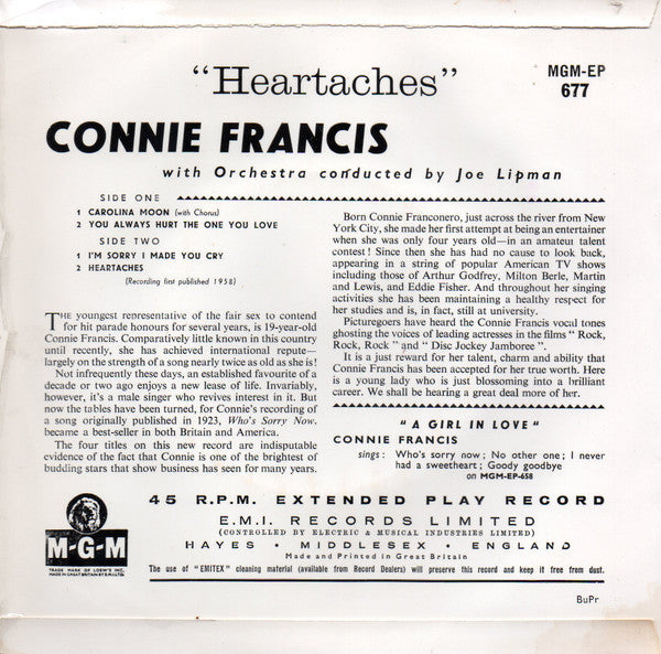Connie Francis : Heartaches (7", EP, Mono)
