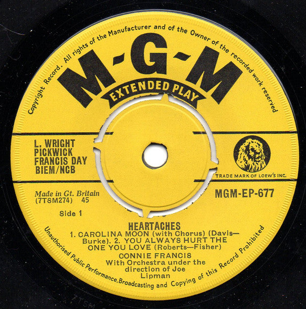 Connie Francis : Heartaches (7", EP, Mono)