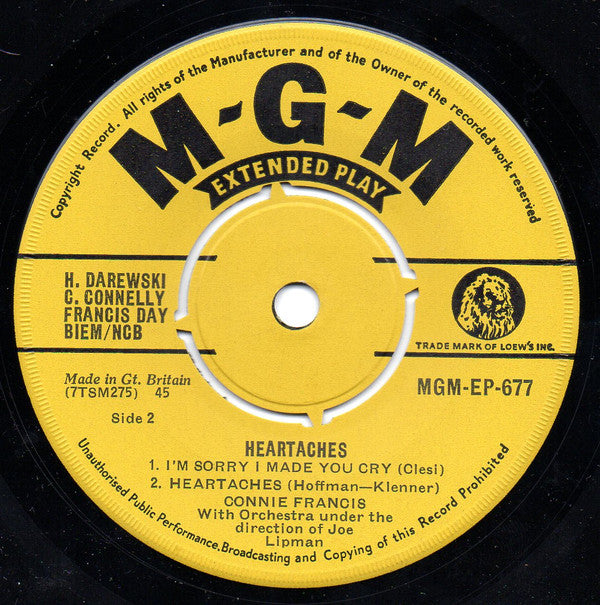 Connie Francis : Heartaches (7", EP, Mono)