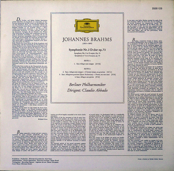 Johannes Brahms, Berliner Philharmoniker · Claudio Abbado : Symphonie Nr. 2 (LP)