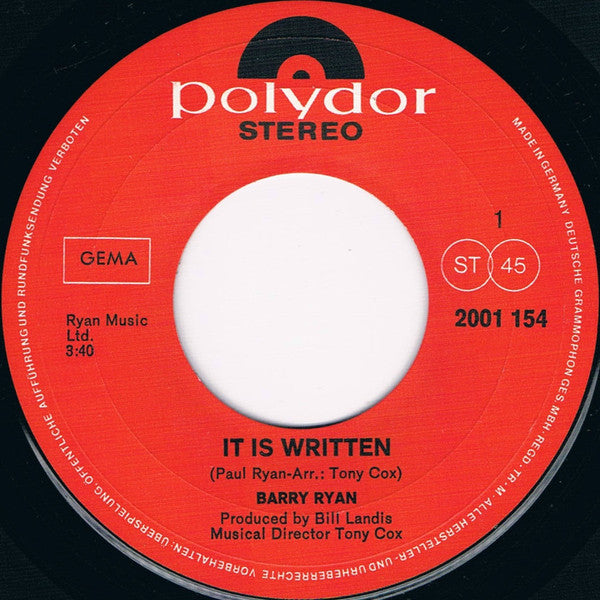 Barry Ryan : It Is Written (7", Single)