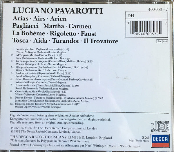 Luciano Pavarotti : Arias - Airs - Arien (CD, Comp)