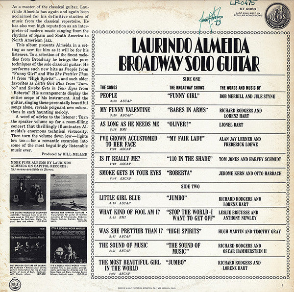 Laurindo Almeida : Broadway Solo Guitar (LP, Scr)