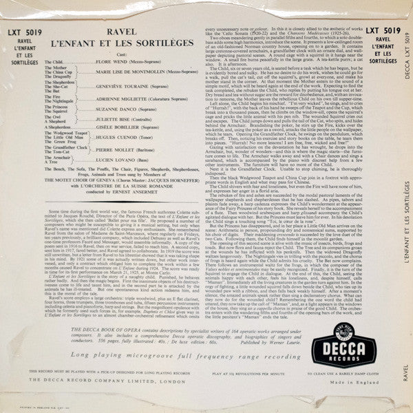 Maurice Ravel - Various, Motet Choir Of Geneva, L'Orchestre De La Suisse Romande Conducted By Ernest Ansermet : L'Enfant Et Les Sortileges (LP, Mono)