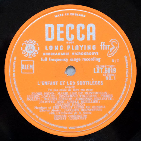 Maurice Ravel - Various, Motet Choir Of Geneva, L'Orchestre De La Suisse Romande Conducted By Ernest Ansermet : L'Enfant Et Les Sortileges (LP, Mono)