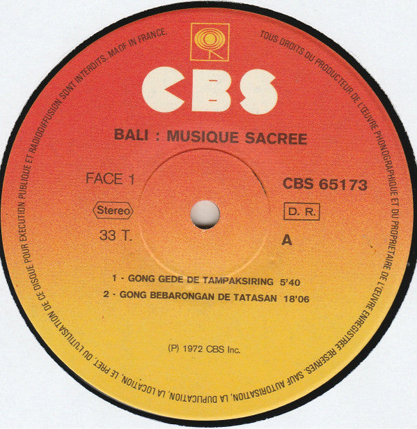 Various : Bali: Musique Sacrée (LP, RP)